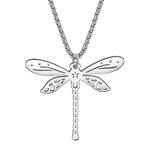 Image of NEWEI Dainty Stainless Steel Dragonfly Necklace Pendant Fashion Jewelry Gifts for Women Girls Dragonfly Lovers Charms (Silver Plated F)