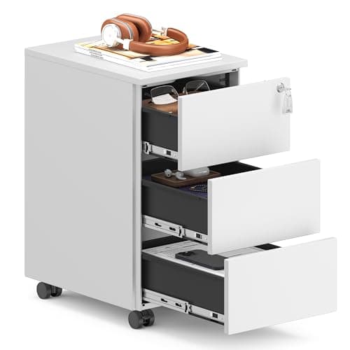 Image of SONGMICS Mobile File Cabinet, Metal Filing Cabinet for Home Office, Rolling Printer Stand, with 3 Lockable Drawers, Pre-Assembled, for Office, 40 x 30 x 54 cm, Matte White OFC079W01