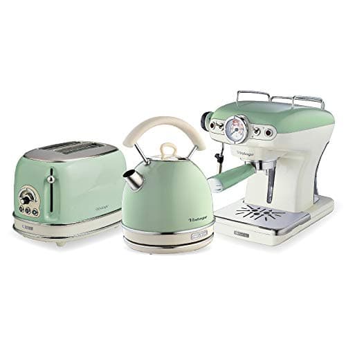 Image of Ariete ARPK17 Retro Style Dome Kettle, 2 Slice Toaster and Espresso Machine Set, Vintage Design, Green