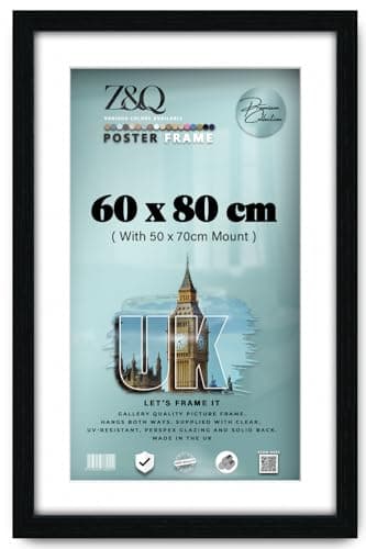 Image of Z&Q Black Picture Frame with White Mount 80x60cm (50x70cm) Print Wall Poster Frame - Portrait and Horizontal Wall Hooks Photo Frame for Display Pictures-Jigsaw Puzzle-Art Work