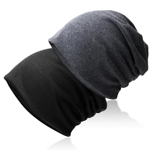 Image of Hurinan Slouch Beanie Hat, 2 Packs Unisex Jersey Skull Cap Classic Baggy Hat Lightweight and Soft Knitted Cotton Hat Headwear for Men & Women (One Size, Grey & Black)