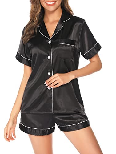 Image of Vlazom Pyjamas for Women, Soft Satin Pjs Set Two Piece Silk Pyjamas for Ladies Button Down Sleepwear Loungewear Black,M