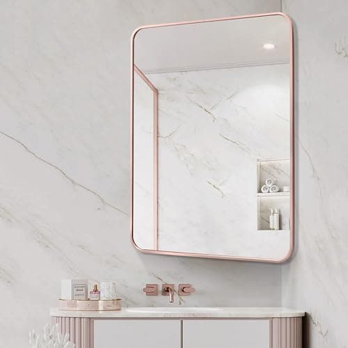 Image of Jcgly Bathroom Corner Mirror, Rectangular Pivot Mirror with Brushed Metal Frame, Swivel Extendable Arm, Large Rotating Tilting Mirrors, Vertical & Horizontal(Pink,50x70cm)