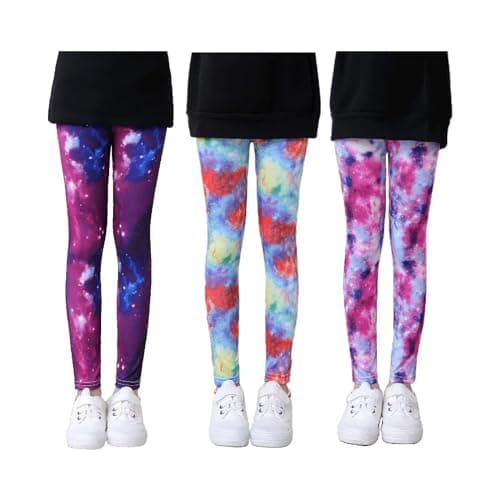 Image of Gavena 3 Pack Girls Leggings Toddler Full Length Tights Kids Cotton Stretchy Pant Trouser (Colourful,6-7 Years)