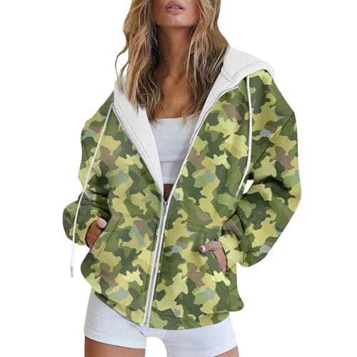 Image of HUIFUAO Womens Sweatshirt Camouflage Zip Up Oversized Jackets Long Sleeve Camo Sweatshirts Autumn Lightweight Coats Trendy Casual Outerwear Loose Sport Tops Jackets with Pockets (Green, L)