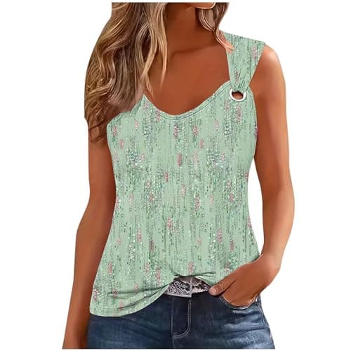 Image of TheSosy Women's Green Retro Print V-Neck Sleeveless Tank Top XXL
