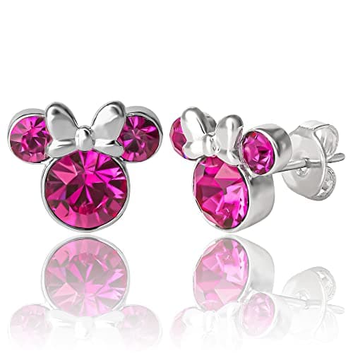 Image of Disney Minnie Mouse Birthstone Jewelry, Silver Plated Crystal Stud Earrings for Women and Girls Mickey 90th Birthday Anniversary
