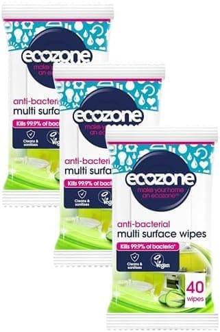 Image of Ecozone Anti-Bacterial Multi-Surface Wipes, Biodegradable Moist Wet Anti Bac Disposable Cleaning Cloths, Sanitising Worktop Natural Vegan Friendly Non Toxic Wipes, Aloe Vera & Cucumber (120 Pack)