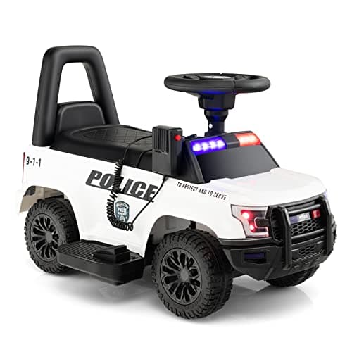 Image of COSTWAY Kids Electric Ride on Car, 6V Battery Powered Police Cars with Side Megaphone, Horn, Flashing Light, Siren Sound, Wide Footrest and Underseat Storage, for 18-60 Months (White)