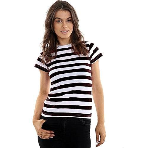 Image of GW CLASSY OUTFIT Ladies Womens Striped T Shirts T Shirt Tops Vest Cotton Blend Fancy Dress S-XL (Black & White Stripe, S-M 8-10)