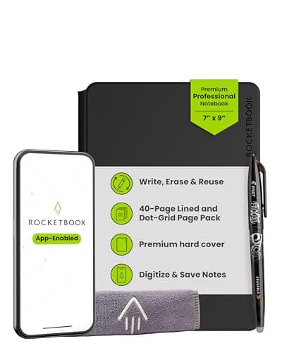 Image of Rocketbook Pro 2.0 Reusable Digital Notebook - Smart Notepad - Black, with 20 Dotted & Lined Pages, Hardcover, with Pilot Frixion Pen & Microfiber Cloth, A5 Executive Size 7" x 9" - Office Gadget
