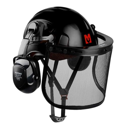Image of Mustbau Chainsaw Safety Helmet, Protective Helmet with Earmuffs and Mesh Visor, 53 to 63 cm Adjustable Headband Suitable for Forestry, Construction, Work