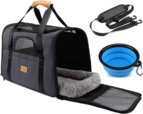 Image of Morpilot Cat Carrier - Airline Approved, Top Opening Portable Dog Bag with Breathable Mesh/Removable Mat, Adjustable Shoulder Strap & Bowl, Foldable Travel Cage, M, Grey (Max 7kg)