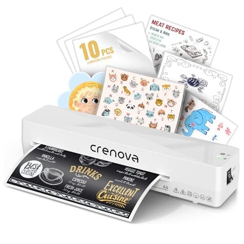 Image of Crenova A4 Laminator Machine, Hot & Cold Laminator with Fast Warm-Up, ABS Anti-Jam, Includes 10 Laminating Pouches, Bubble-Free for Home, Office & School Use (White)