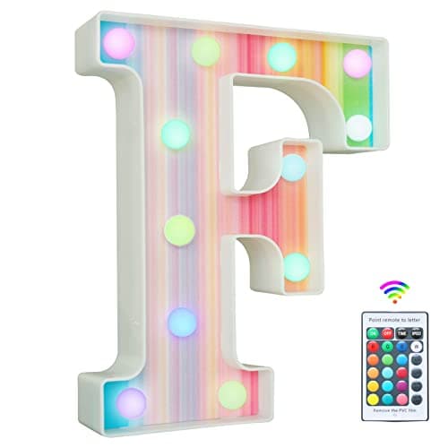 Image of Rainbow Light Up Letters, Colorful LED Letter Lights 16 Color Changing Alphabet Sign Gifts for Girls Women Party Birthday Decorations Remote Night Light Christmas Valentine Wall Table Decor - F