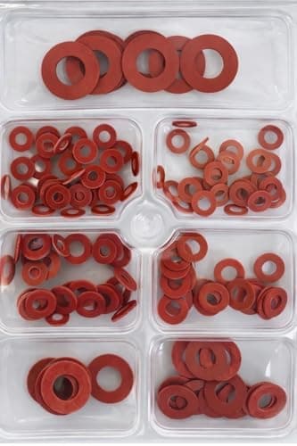 Image of Red Fibre Washers Assortment Kit, 150 Piece Multi-Size Set in Organised
