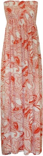 Image of WearAll Plus Size Womens Printed Bandeau Strapless Shirred Ladies Long Maxi Dress - Orange - 16-18