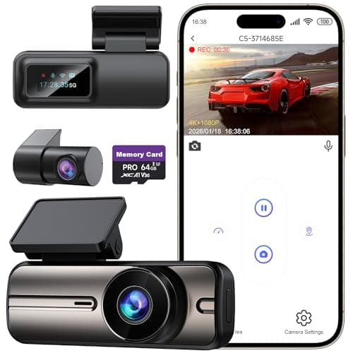 Image of Dash Cam Front and Rear 4K+1080P, 5GHz WiFi, Dual Dashcam with 64GB Card, App Control, G-Sensor Emergency Recording, Loop Recording, 24H Parking Mode Supports, Dash Camera for Cars