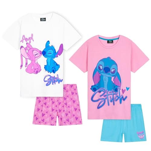 Image of Disney Stitch Pyjamas for Girls Teens Short Sleeve PJs Set Soft Breathable Lounge Set Multipacks Available Stitch Gifts (Pink/Blue - 2 Pack, 9-10 Years)