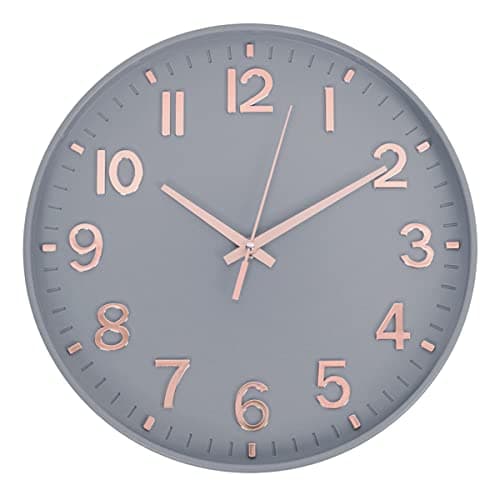 Image of HZDHCLH Wall Clock 12 Inch Silent Non Ticking Clock for Living Room Bedroom Kitchen Office (Grey-rose gold)