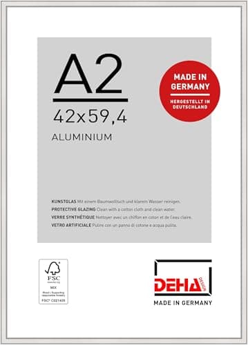 Image of DEHA Design Boston Aluminium Picture Frame - A2 (42x59.4 cm) – Silver - with Synthetic Glass and Push/Turn Clips