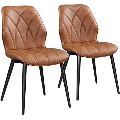 Image of Yaheetech Dining Chairs Set of 2 Modern Faux Leather Dining Room Chairs with Petal Accented Back and Sturdy Metal Legs Padded Kitchen Chair for Dining Room, Kitchen and Bedroom, Retro Brown