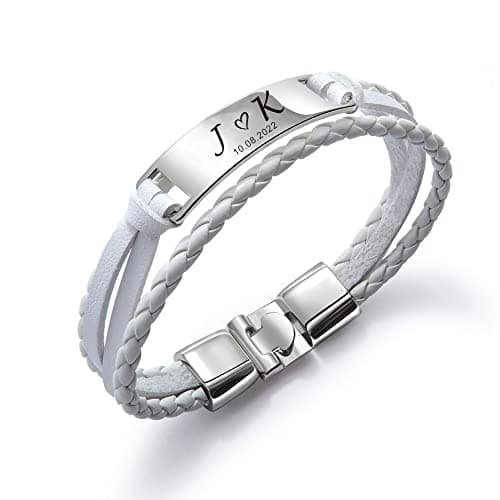 Image of Personalised Mens Bracelet Custom Engraved Leather Bracelet Gift Personalised Gifts for Men Him Husband Boyfriend Christmas Anniversary Birthday 13th 18th 21st 30th (White to Silver)