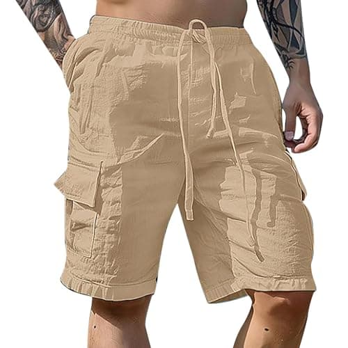 Image of Linen Shorts Men's Summer Fashionable Linen Cotton Shorts with Drawstring Plain Men's Shorts Breathable Summer Shorts Comfortable Bermuda Trousers Casual Beach Trousers Lightweight Leisure Trousers