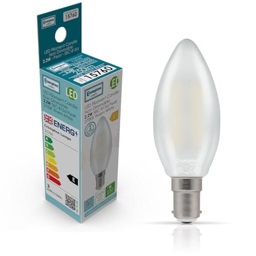 Image of Crompton Lamps Filament Candle LED Light Bulb SBC-B15d | 2.2W = 25W Equivalent | Warm White 2700K | Energy Efficient | Small Bayonet Lightbulb | Long Life 15000-Hrs | Pearl Glass