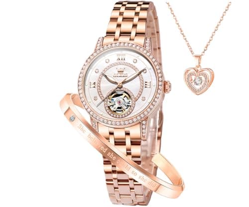 Image of OLEVS Women’s Watch Automatic Diamond Tourbillon Luxury Fashion Stainless Steel Waterproof Luminous Wrist Watches for Ladies Gift Rose Gold/Starry Sky Blue/Silver