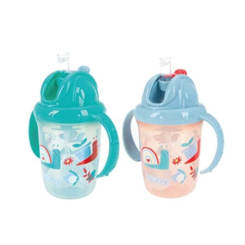 Image of Nuby Flip N Sip Water Bottle - No Spill Sippy Cup 240ml / 8oz Twin Handle Weighted Straw Dishwasher Safe Suitable Beaker for 6 Months Plus (Snails, Pack of 2) 048526890422