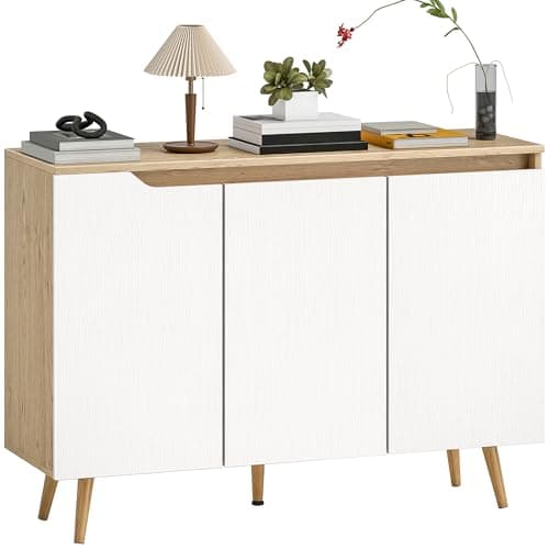 Image of HOMCOM Sideboard, Kitchen Cupboard with 3 Doors, 2 Adjustable Shelves and 5 Rubberwood Legs, Modern Storage Cabinet for Living Room, Dining Room, White and Oak