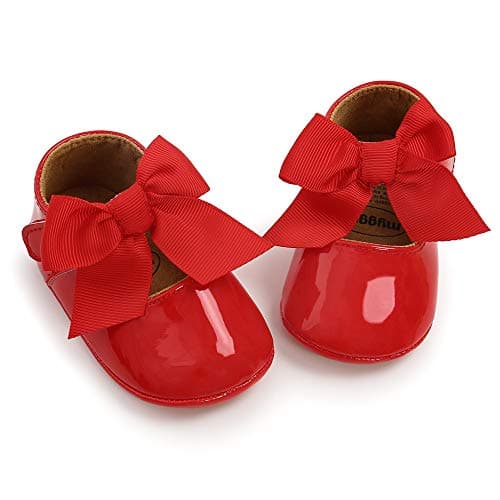 Image of GDSDYM Mary Jane Baby Girls Bowknot Floral Princess Wedding Dress Soft Newborn Cot Bed Walker Shoes, 05 red, 6-12 Months