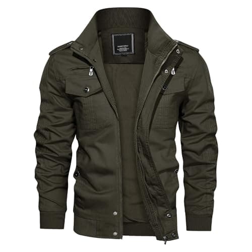 Image of KEFITEVD Bomber Jackets Men Casual Cargo Military Motorbike Jacket Trucker Full Zipper Coat Cotton, XXL, Army Green