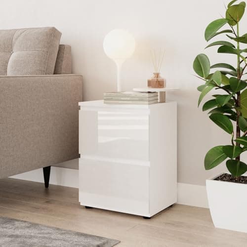 Image of URBNLIVING 49cm High Gloss Bedside Table - 2 Drawers Bedroom Storage Cabinet with Smooth Metal Runner - Modern Dresser Bedside Chest of Drawers for Bedroom Living Room Office Hallway (White & White)