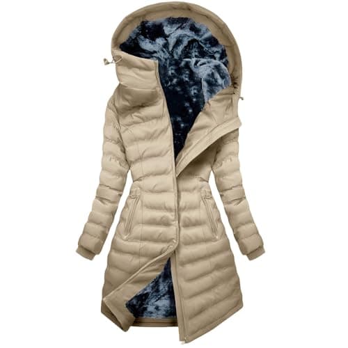 Image of Padded Coat Women, Mid Length Winter Puffer Coats Ladies Lightweight Fleece Jackets with Faux Fur Hood Plus Size Slim Trench Jacket Long Sleeve Warm Padded Quilted Outwear Hiking Parka Overcoat