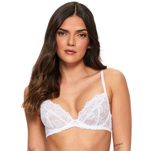 Image of Ann Summers Sexy Lace Non Padded Plunge Bra, A-D Cup, Curve-Enhancing Womens Underwear with Unlined Lace Cups, Underwire Support & Sculpting Boning White - Womens Lingerie