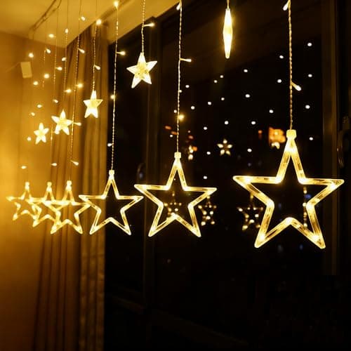 Image of shsyue Christmas Star Window Lights,LED Curtain Light 2.5M Christmas Decorations Lights 138 LED 12 Star,Fairy Light for Xmas Tree,Party,Wedding,Garden,Bedroom,Warm White 8 Modes USB