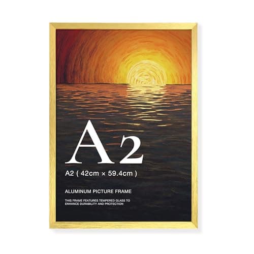 Image of LIVINGTASTE A2 Picture Frame Brushed Gold Aluminium, 42x59.4 cm Photo Frame with Temperate Glass, for Posters, Artwork, Presentations and Wall Display