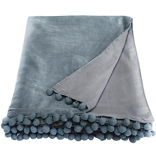 Image of Ragged Rose 140 cm x 180 cm Throw Blanket - Pom Pom Throw Made of Cotton Velvet with Pompom Trims on Sides - Versatile Cotton Velvet Blanket for Sofa & Bed