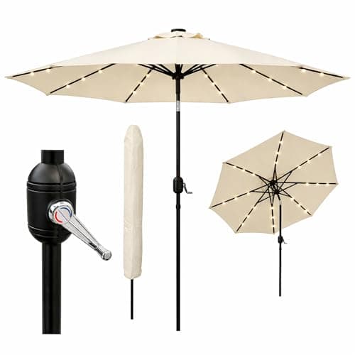 Image of GlamHaus Garden Parasol Tilting Table Umbrella, LED Solar Lights, 2.7m, UV40+ Protection, Additional Parasol Protection Cover, Gardens, Patios (Cream)