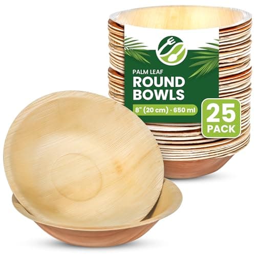 Image of ECO Leaf 25 Disposable Palm Leaf Bowls, 8" (20cm), 650ml (22oz) Round – Compostable, Biodegradable, Eco-Friendly Bamboo Bowls for Salad, Weddings, Parties and Picnics, Microwave Safe
