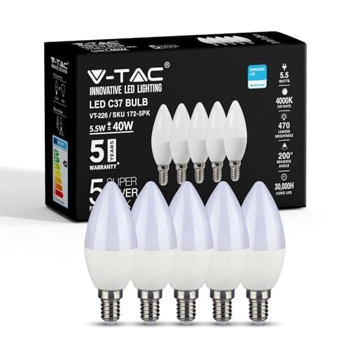 Image of V-TAC E14 LED Candle Bulbs | 5.5W (Equivalent to 40W) Candle Light Bulbs | Edison Small Screw Light Bulb | Samsung Chip Non Dimmable E14 Candle Bulb | 4000K Day White | Pack of 5