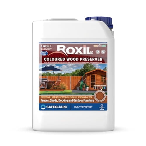 Image of Roxil Wood Stain Preserver 5 Litre (Autumn Gold) Fast-Drying Satin Finish for Decking, Fence, Shed, Furniture. 5 Year Protection for Indoor & Outdoor