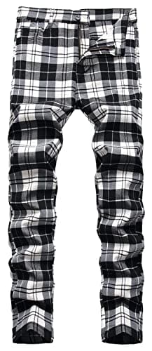 Image of FEOYA Men's Plaid Chinos Slim Fit Checked Trousers Casual Chino Pants Stretch Straight Leg Trousers Fitted Cotton Tartan Pant Zip Fly Elastic Check Suit Trouser Spring Autumn 02 Black and White 32