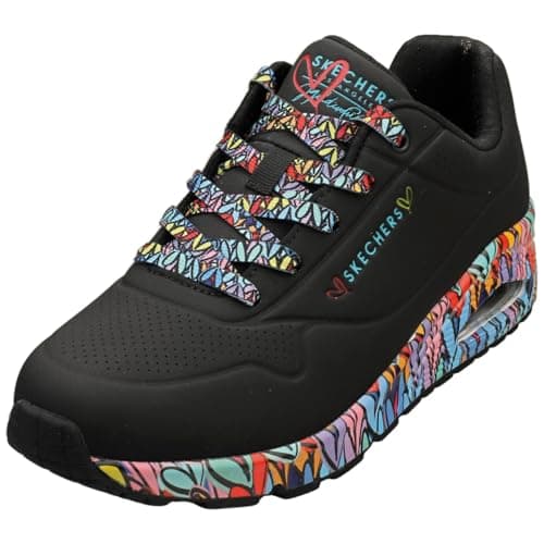Image of Skechers Women's Uno Ravaged Love Sneaker, Black Duraleather/Multi Trim, 8 UK