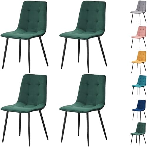 Image of MOF Dining Chairs Set of 4, Velvet Dining Chair with Padded Seat and Backrest, Sturdy Metal Legs - Accent Chair for Kitchen, Dining Room, Lving Room or Home Office (Green Check x 4 Chairs)