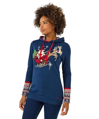 Image of Joe Browns Women's Longline Festive Hoodie Hooded Sweatshirt, Blue, 14