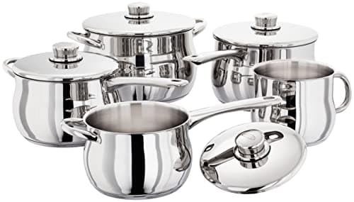 Image of Stellar Classic 5-Piece Stainless Steel Set of Large Pans 16cm, 18cm and 20cm Deep Saucepans with Lids, Stockpot, 14cm Non-Stick Milk Pan in Classic Domus Shape, Oven-Safe, Induction Ready