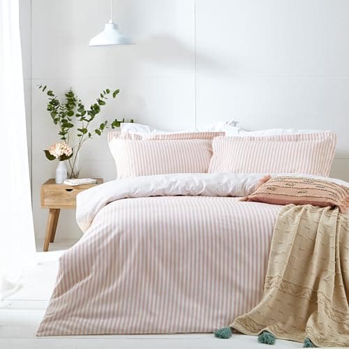 Image of furn. Yard Hebden Mélange Stripe Cotton Duvet Set – Ultra Soft Reversible Striped Bedding (Blush – King)